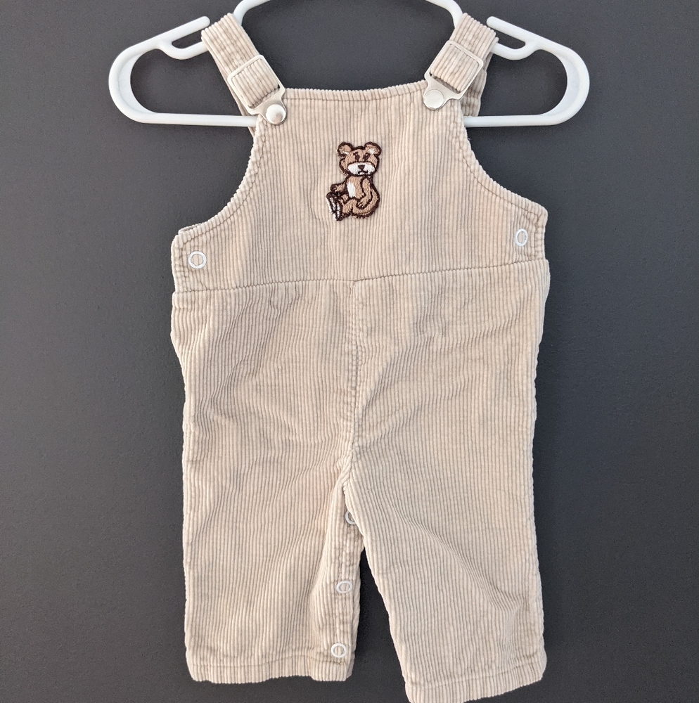 Vintage tan corduroy bear detail overalls